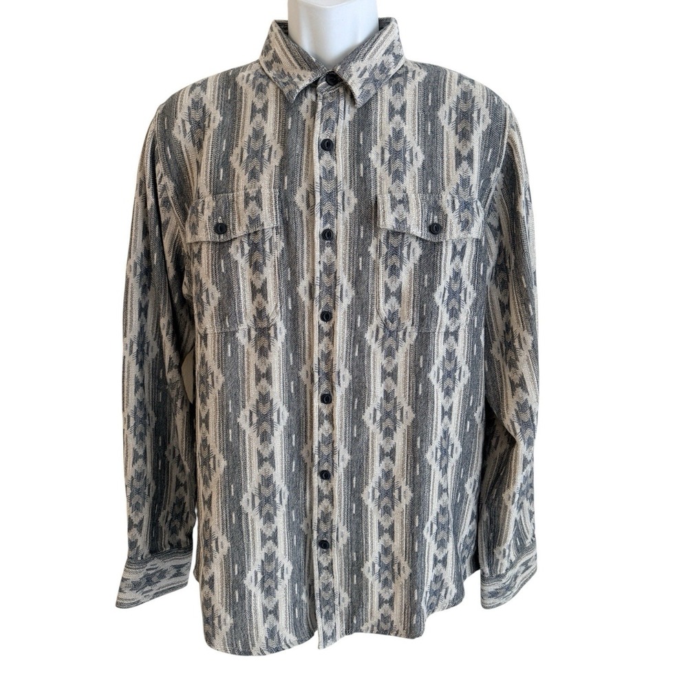 Sun + Stone Men Flannel Shirt L Aztec Southwest Tribal Gray Cotton Western Ranch - Picture 4 of 10